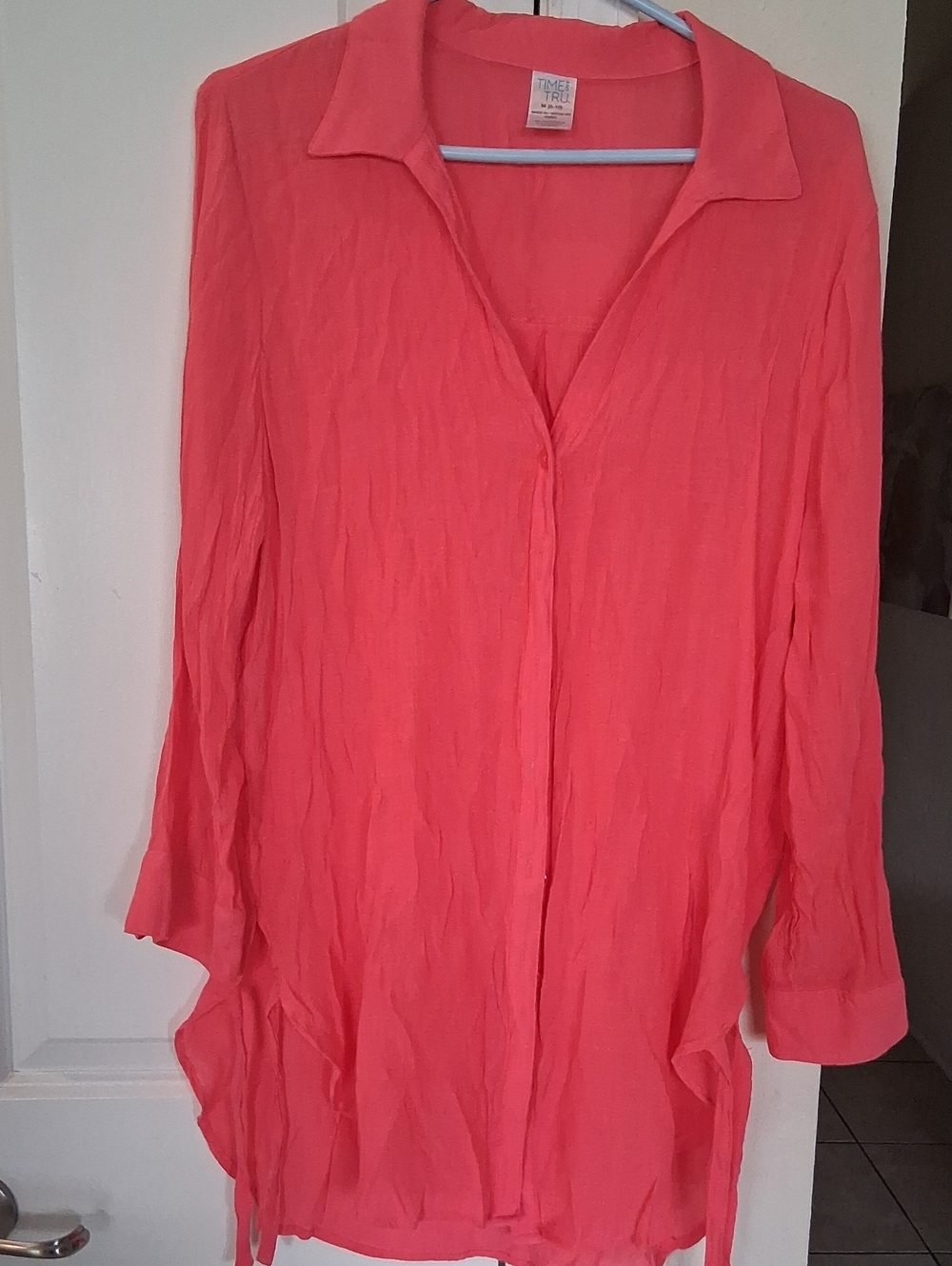 H: Time and Tru Coral Button-Front Tunic Blouse
